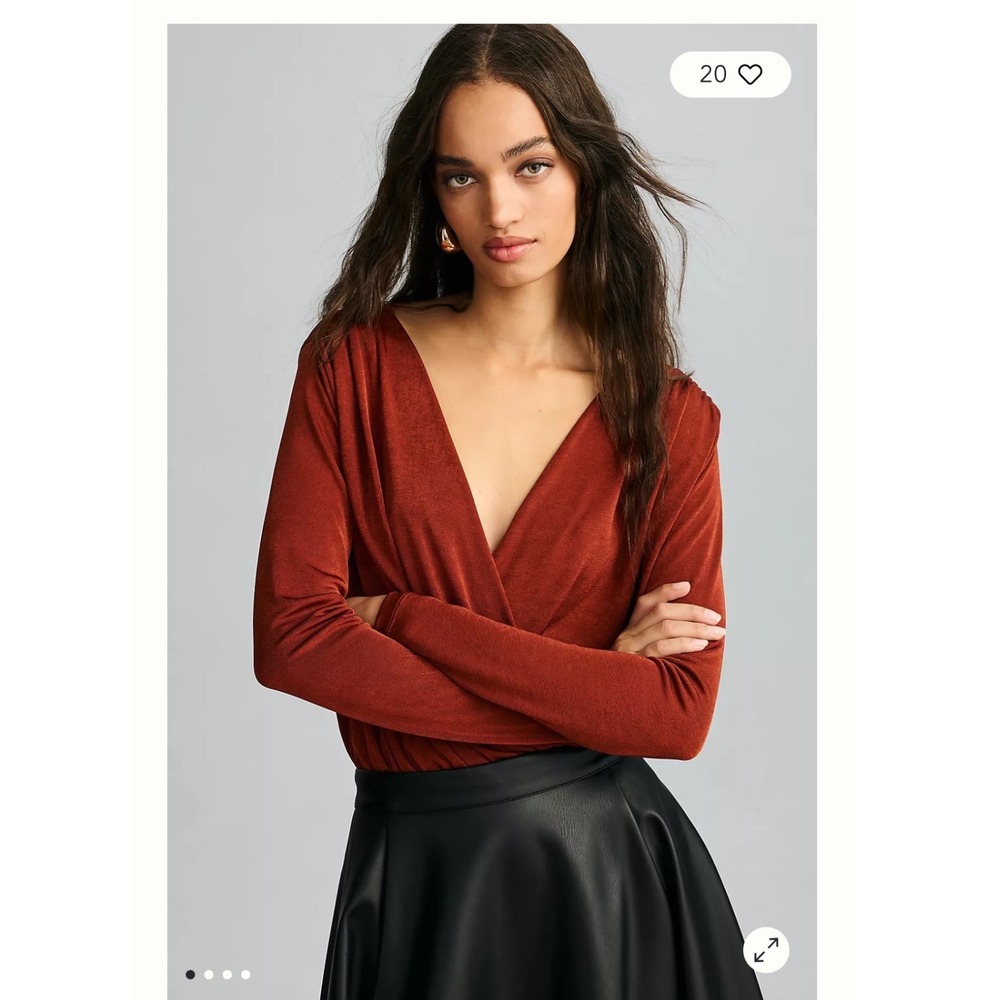 By Anthropologie Long-Sleeve Faux-Wrap Rust Orange Surplice V-Neck Bodysuit Sz L